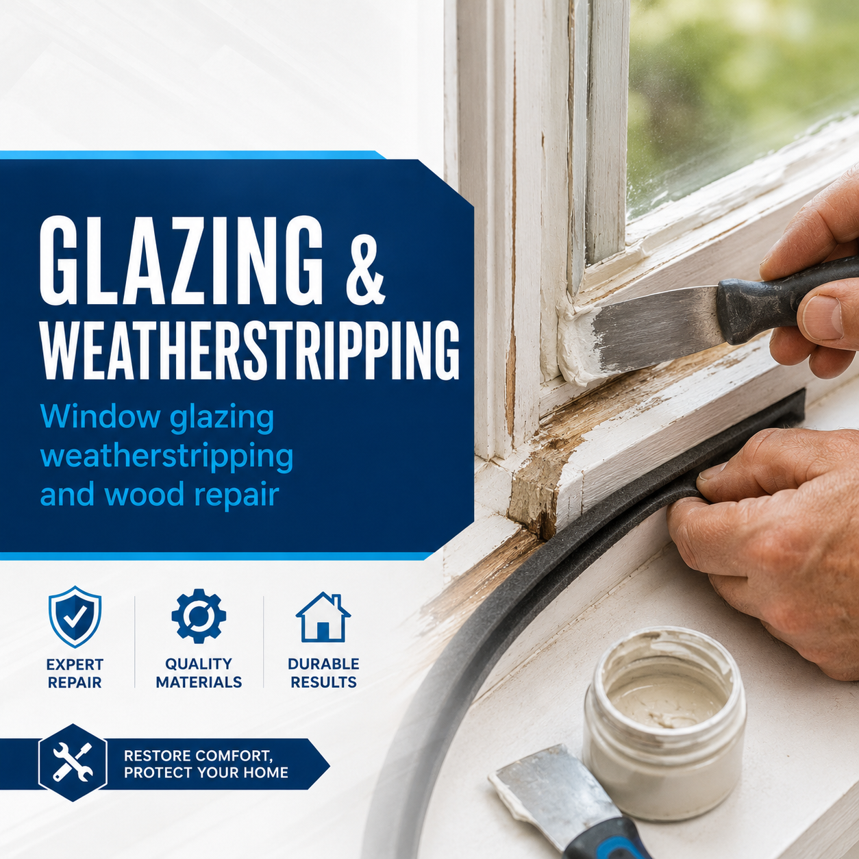 Window glazing weatherstripping and wood repair